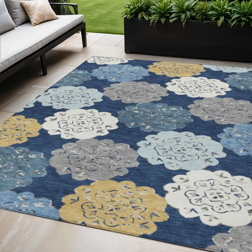 Navy Blue Ivory And Gold Quatrefoil Washable Indoor Outdoor Area Rug Photo 1