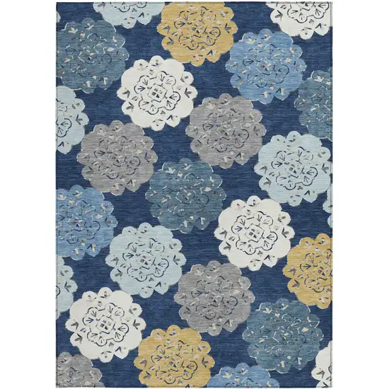 Navy Blue Ivory And Gold Quatrefoil Washable Indoor Outdoor Area Rug Photo 4