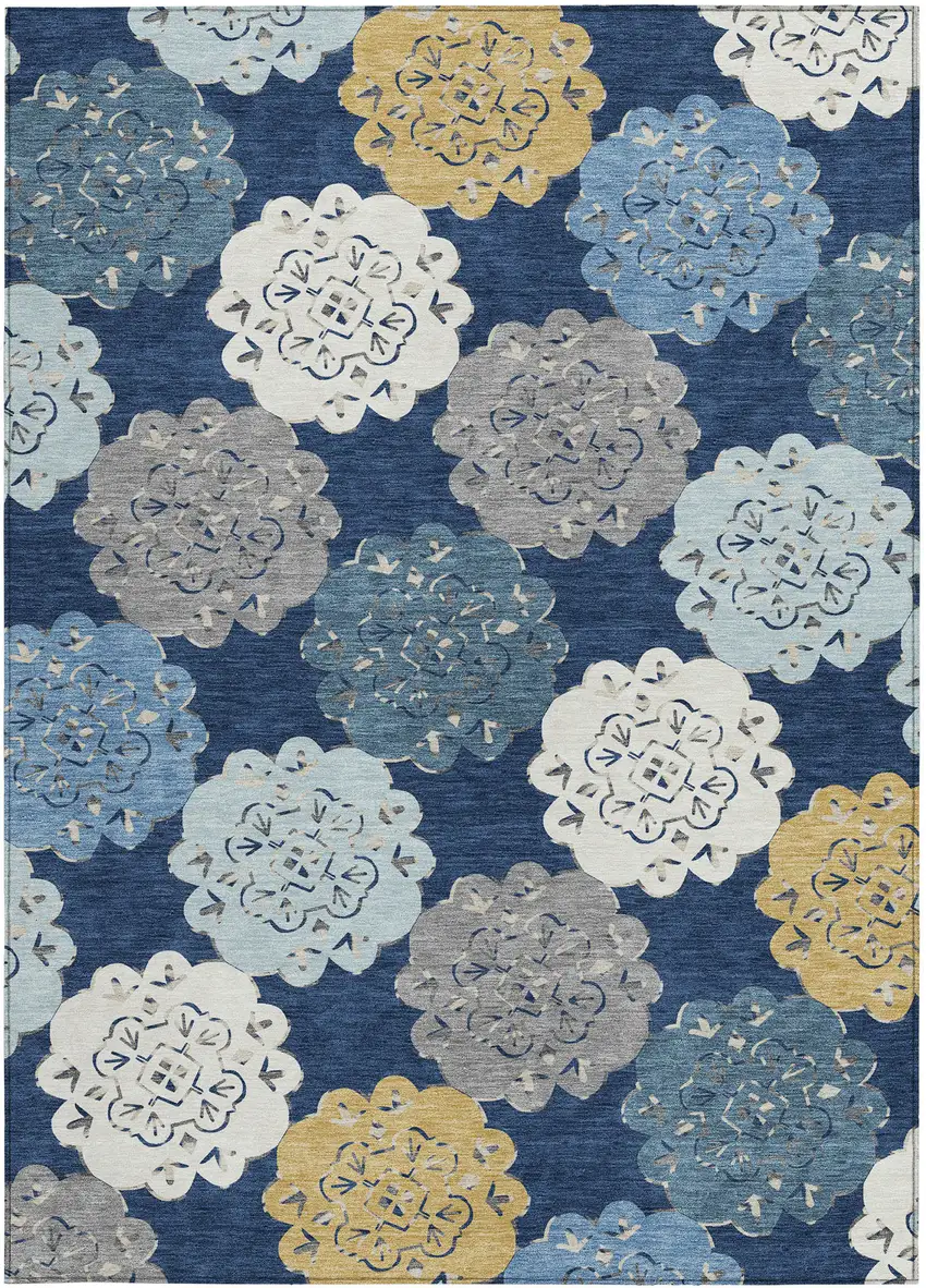 Navy Blue Ivory And Gold Quatrefoil Washable Indoor Outdoor Area Rug Photo 4