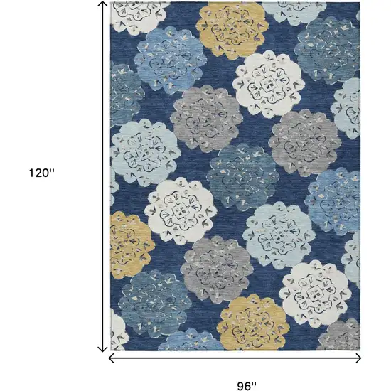 Navy Blue Ivory And Gold Quatrefoil Washable Indoor Outdoor Area Rug Photo 8