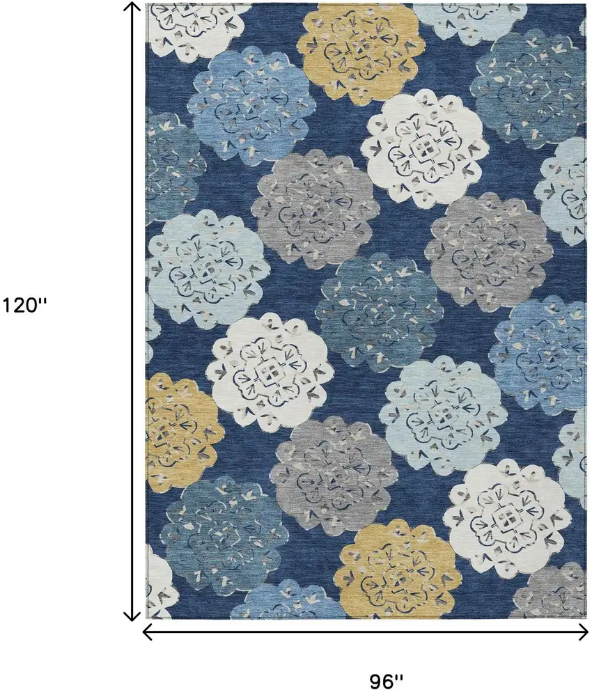 Navy Blue Ivory And Gold Quatrefoil Washable Indoor Outdoor Area Rug Photo 8