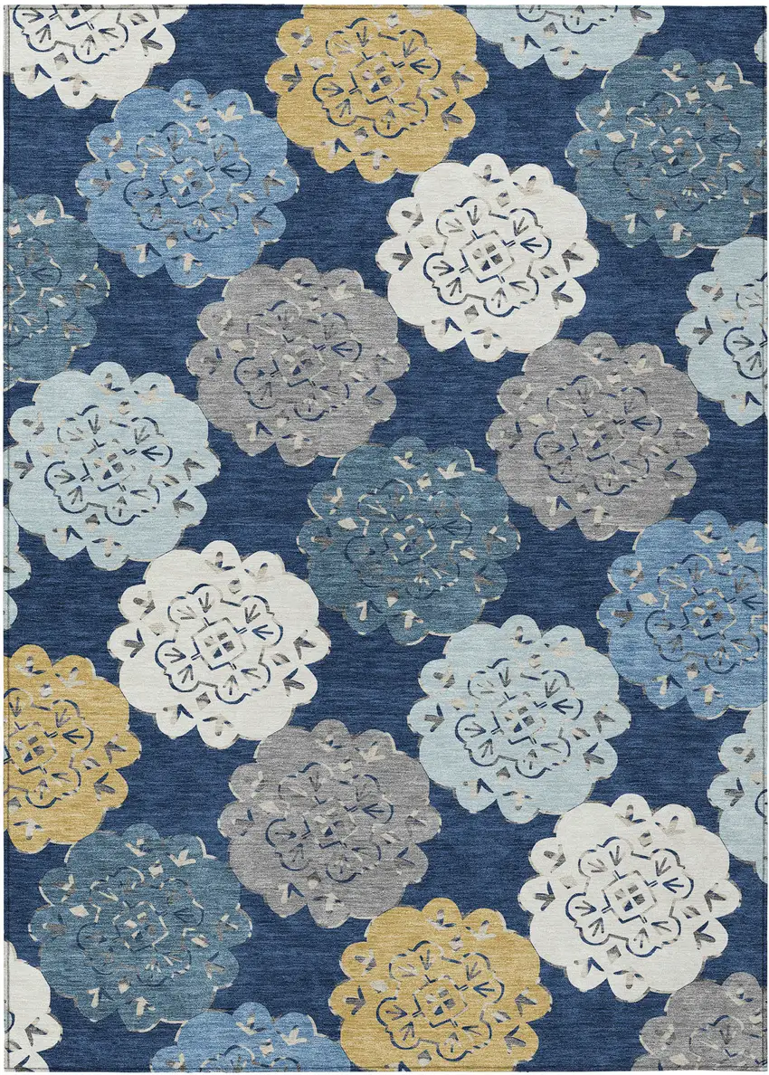 Navy Blue Ivory And Gold Quatrefoil Washable Indoor Outdoor Area Rug Photo 2