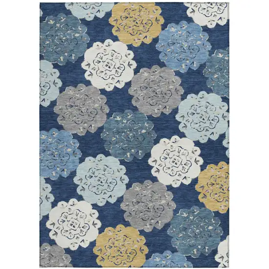 Navy Blue Ivory And Gold Quatrefoil Washable Indoor Outdoor Area Rug Photo 3