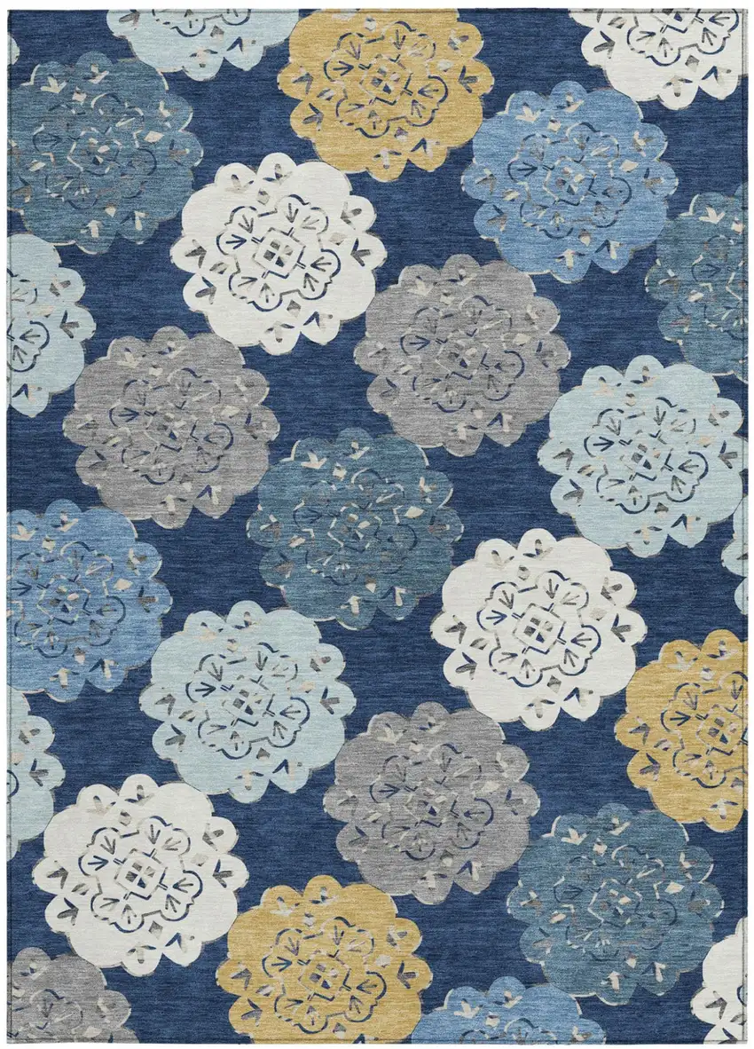 Navy Blue Ivory And Gold Quatrefoil Washable Indoor Outdoor Area Rug Photo 3