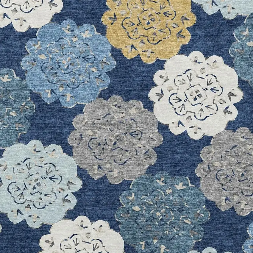 Navy Blue Ivory And Gold Quatrefoil Washable Indoor Outdoor Area Rug Photo 6