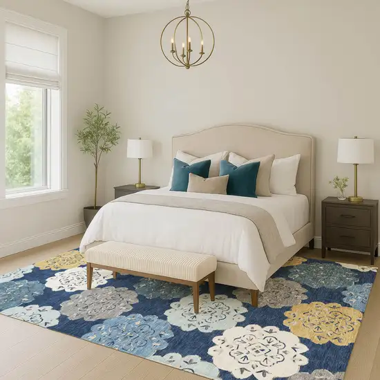 Navy Blue Ivory And Gold Quatrefoil Washable Indoor Outdoor Area Rug Photo 9