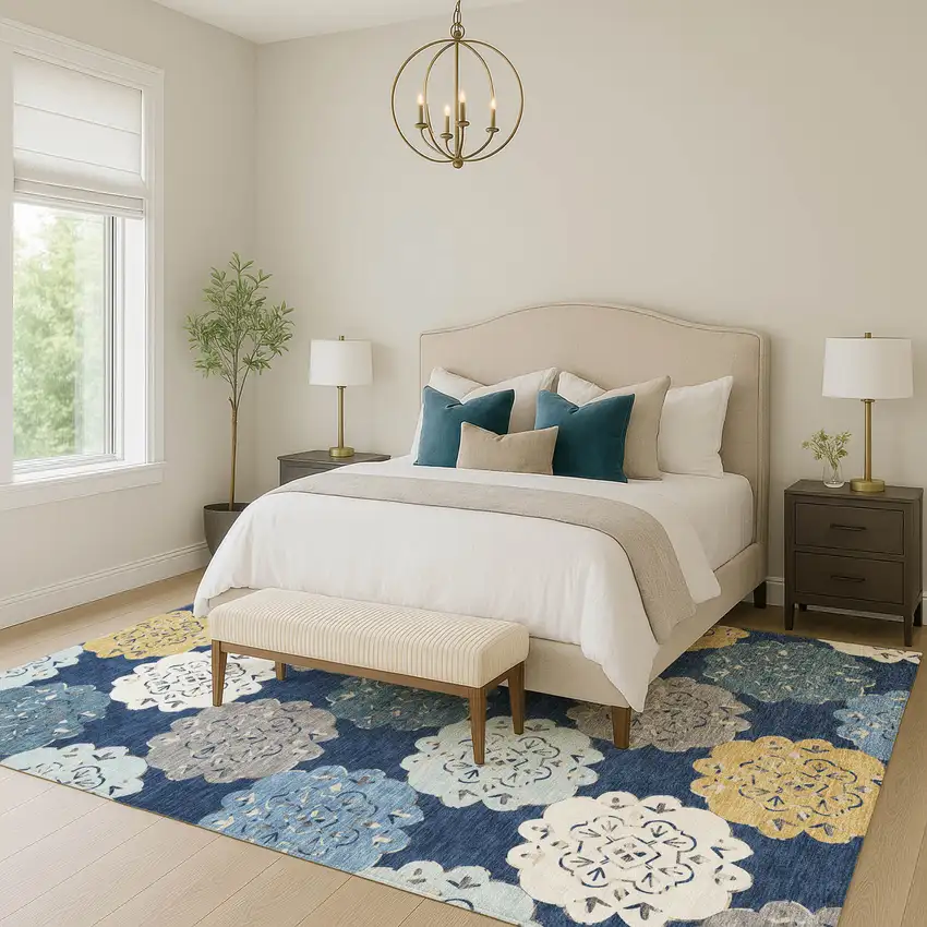 Navy Blue Ivory And Gold Quatrefoil Washable Indoor Outdoor Area Rug Photo 9