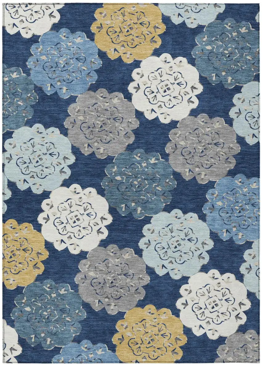 Navy Blue Ivory And Gold Quatrefoil Washable Indoor Outdoor Area Rug Photo 2