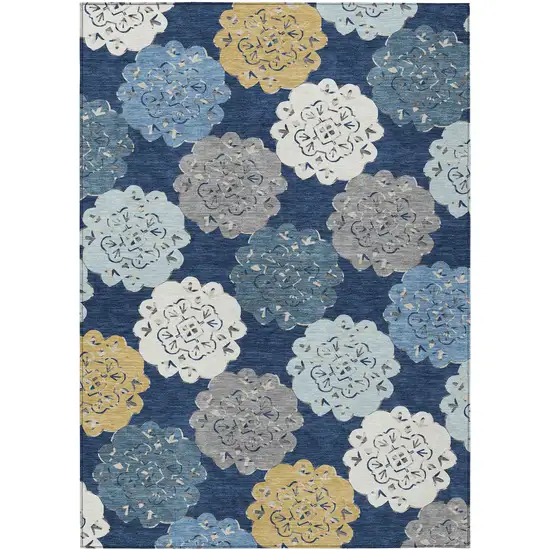 Navy Blue Ivory And Gold Quatrefoil Washable Indoor Outdoor Area Rug Photo 2