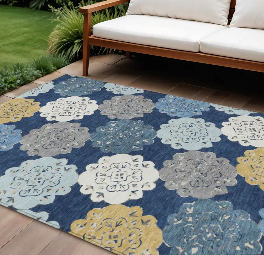 Navy Blue Ivory And Gold Quatrefoil Washable Indoor Outdoor Area Rug Photo 1