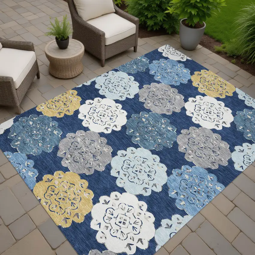 Navy Blue Ivory And Gold Quatrefoil Washable Indoor Outdoor Area Rug Photo 9