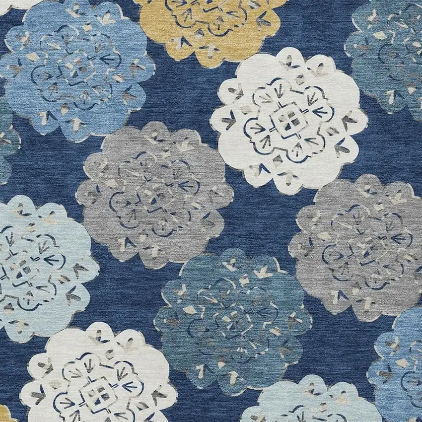 Navy Blue Ivory And Gold Quatrefoil Washable Indoor Outdoor Area Rug Photo 7