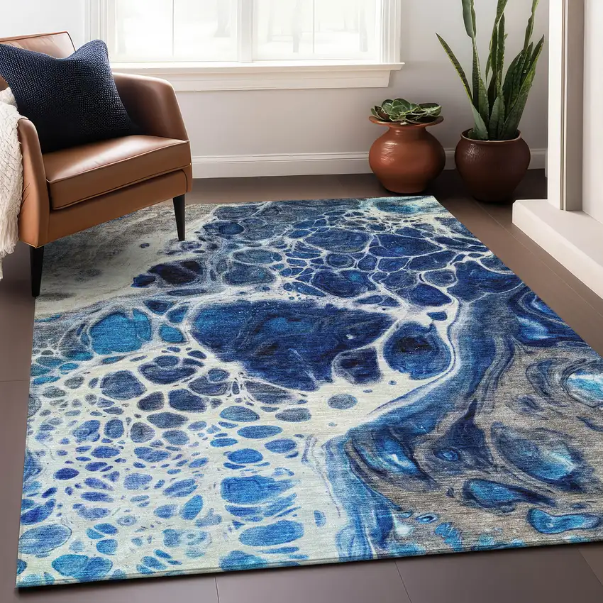 Navy Blue Ivory And Gray Abstract Washable Area Rug With UV Protection Photo 6