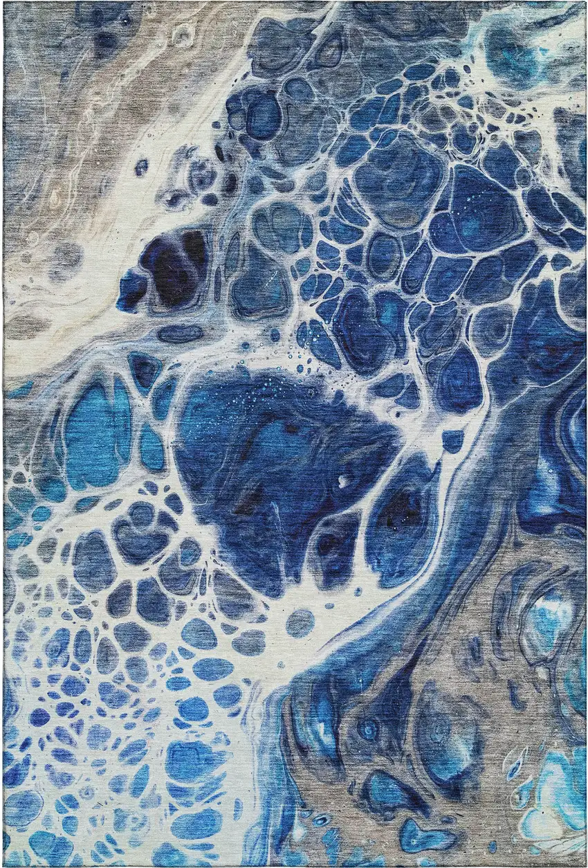 Navy Blue Ivory And Gray Abstract Washable Area Rug With UV Protection Photo 1