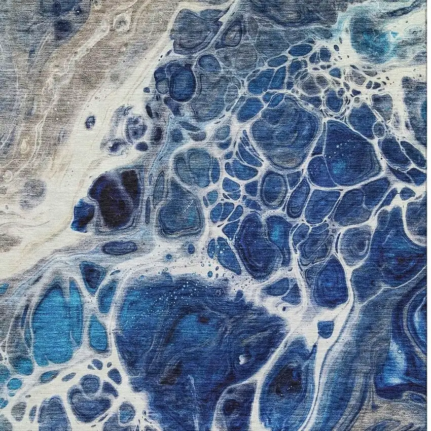 Navy Blue Ivory And Gray Abstract Washable Area Rug With UV Protection Photo 3