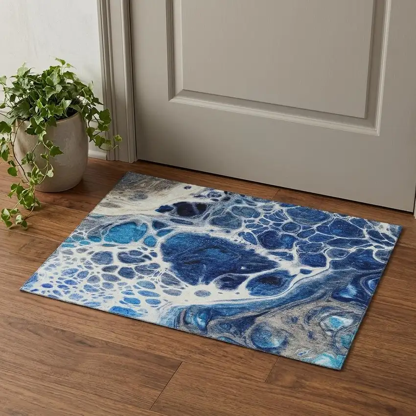 Navy Blue Ivory And Gray Abstract Washable Area Rug With UV Protection Photo 1