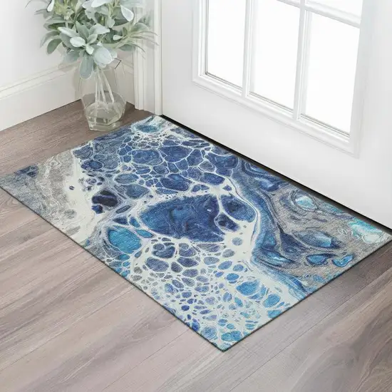Navy Blue Ivory And Gray Abstract Washable Area Rug With UV Protection Photo 1