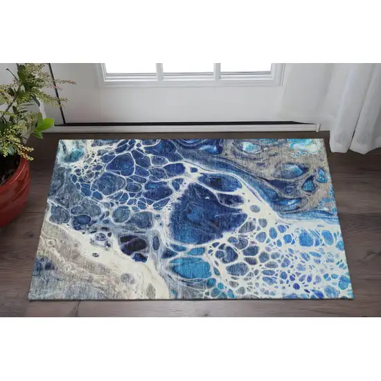 Navy Blue Ivory And Gray Abstract Washable Area Rug With UV Protection Photo 2