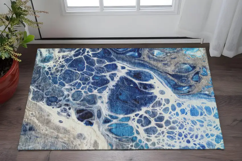 Navy Blue Ivory And Gray Abstract Washable Area Rug With UV Protection Photo 2