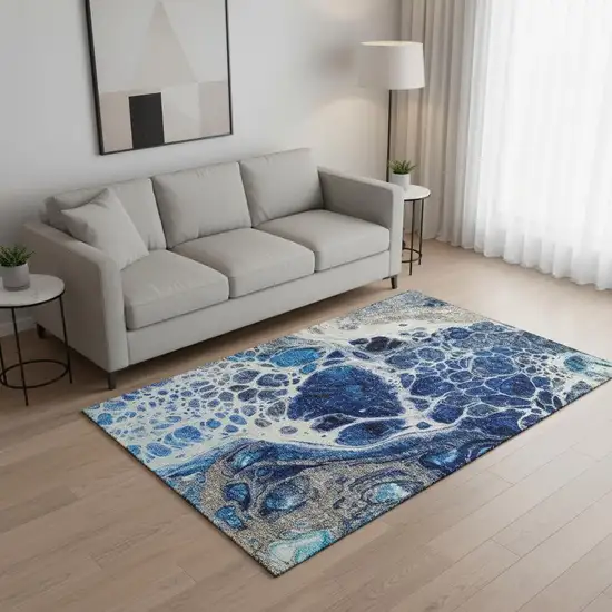 Navy Blue Ivory And Gray Abstract Washable Area Rug With UV Protection Photo 1