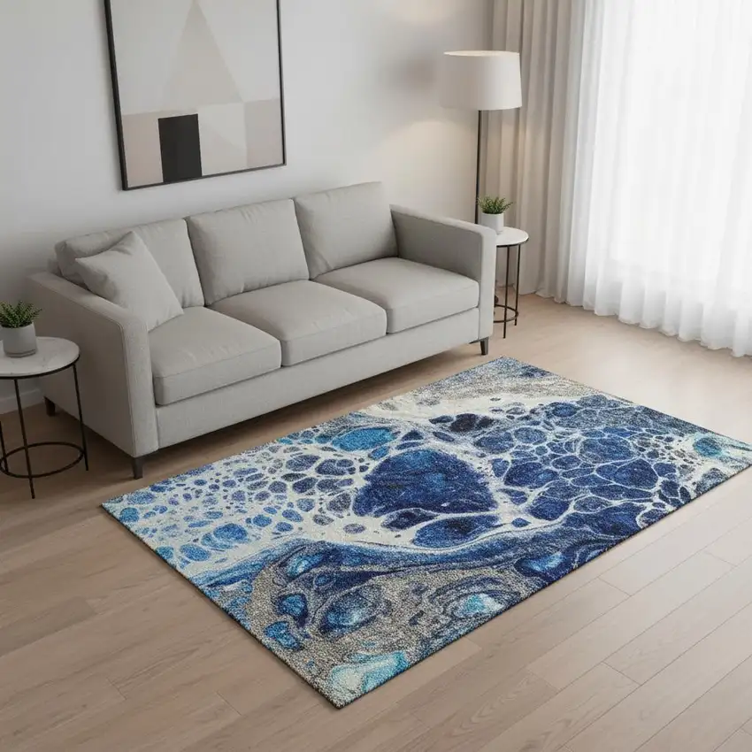 Navy Blue Ivory And Gray Abstract Washable Area Rug With UV Protection Photo 1