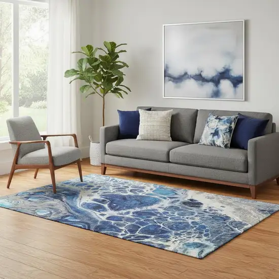 Navy Blue Ivory And Gray Abstract Washable Area Rug With UV Protection Photo 1