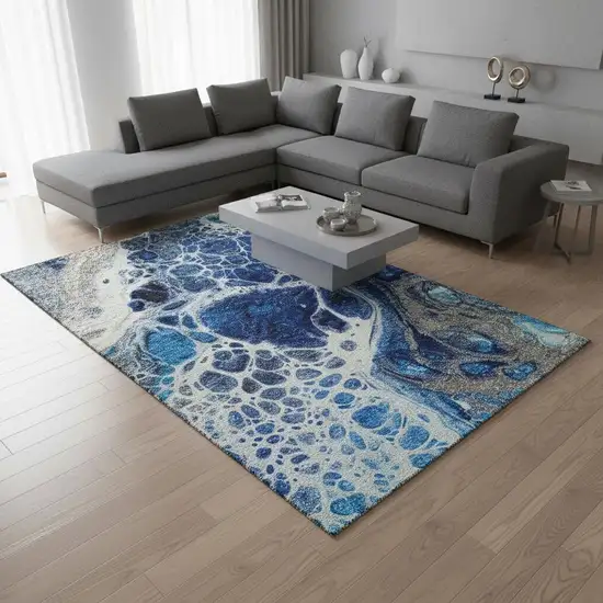 Navy Blue Ivory And Gray Abstract Washable Area Rug With UV Protection Photo 1