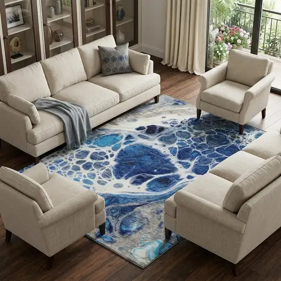 Navy Blue Ivory And Gray Abstract Washable Area Rug With UV Protection Photo 1