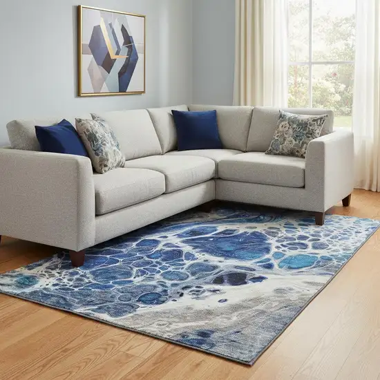 Navy Blue Ivory And Gray Abstract Washable Area Rug With UV Protection Photo 1