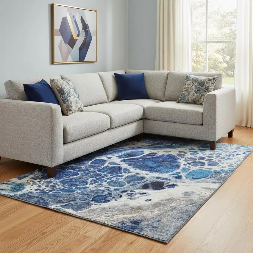 Navy Blue Ivory And Gray Abstract Washable Area Rug With UV Protection Photo 1