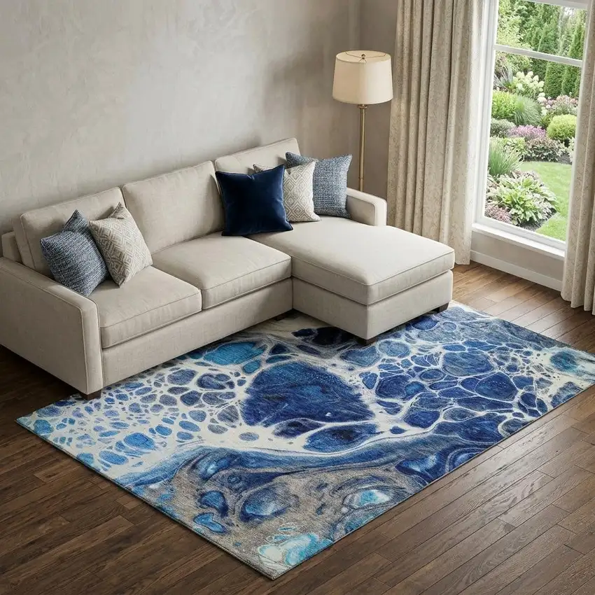 Navy Blue Ivory And Gray Abstract Washable Area Rug With UV Protection Photo 1