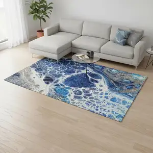Photo of Navy Blue Ivory And Gray Abstract Washable Area Rug With UV Protection