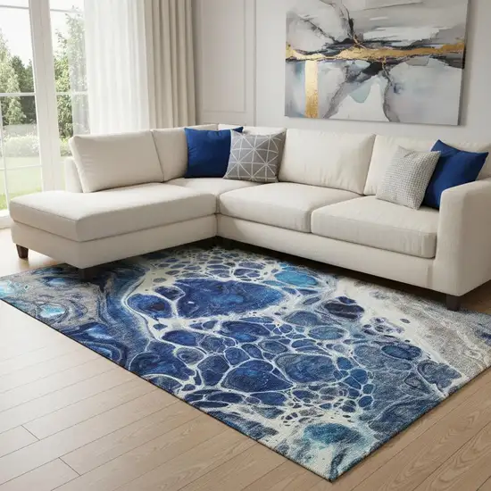 Navy Blue Ivory And Gray Abstract Washable Area Rug With UV Protection Photo 1
