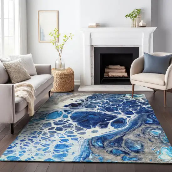 Navy Blue Ivory And Gray Abstract Washable Area Rug With UV Protection Photo 5
