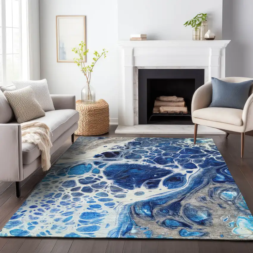 Navy Blue Ivory And Gray Abstract Washable Area Rug With UV Protection Photo 5