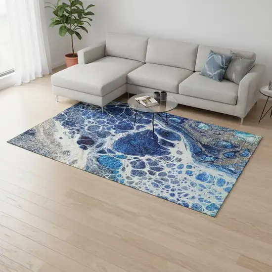 Navy Blue Ivory And Gray Abstract Washable Area Rug With UV Protection Photo 1