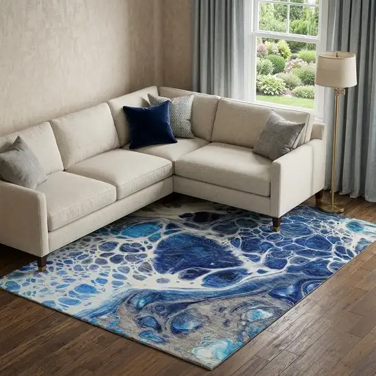 Navy Blue Ivory And Gray Abstract Washable Area Rug With UV Protection Photo 1