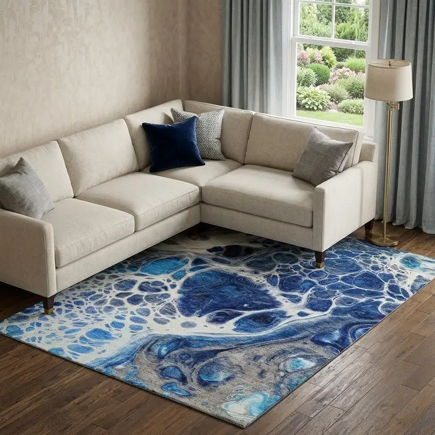 Navy Blue Ivory And Gray Abstract Washable Area Rug With UV Protection Photo 1