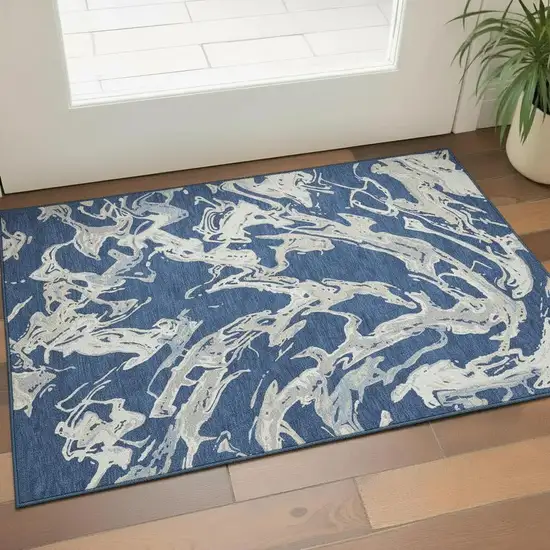 Navy Blue Ivory And Gray Abstract Washable Area Rug With UV Protection Photo 2