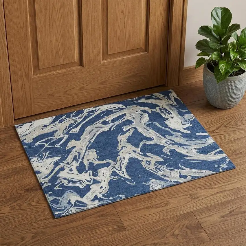 Navy Blue Ivory And Gray Abstract Washable Area Rug With UV Protection Photo 1