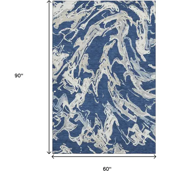 Navy Blue Ivory And Gray Abstract Washable Area Rug With UV Protection Photo 8
