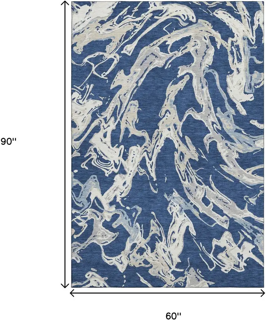 Navy Blue Ivory And Gray Abstract Washable Area Rug With UV Protection Photo 8
