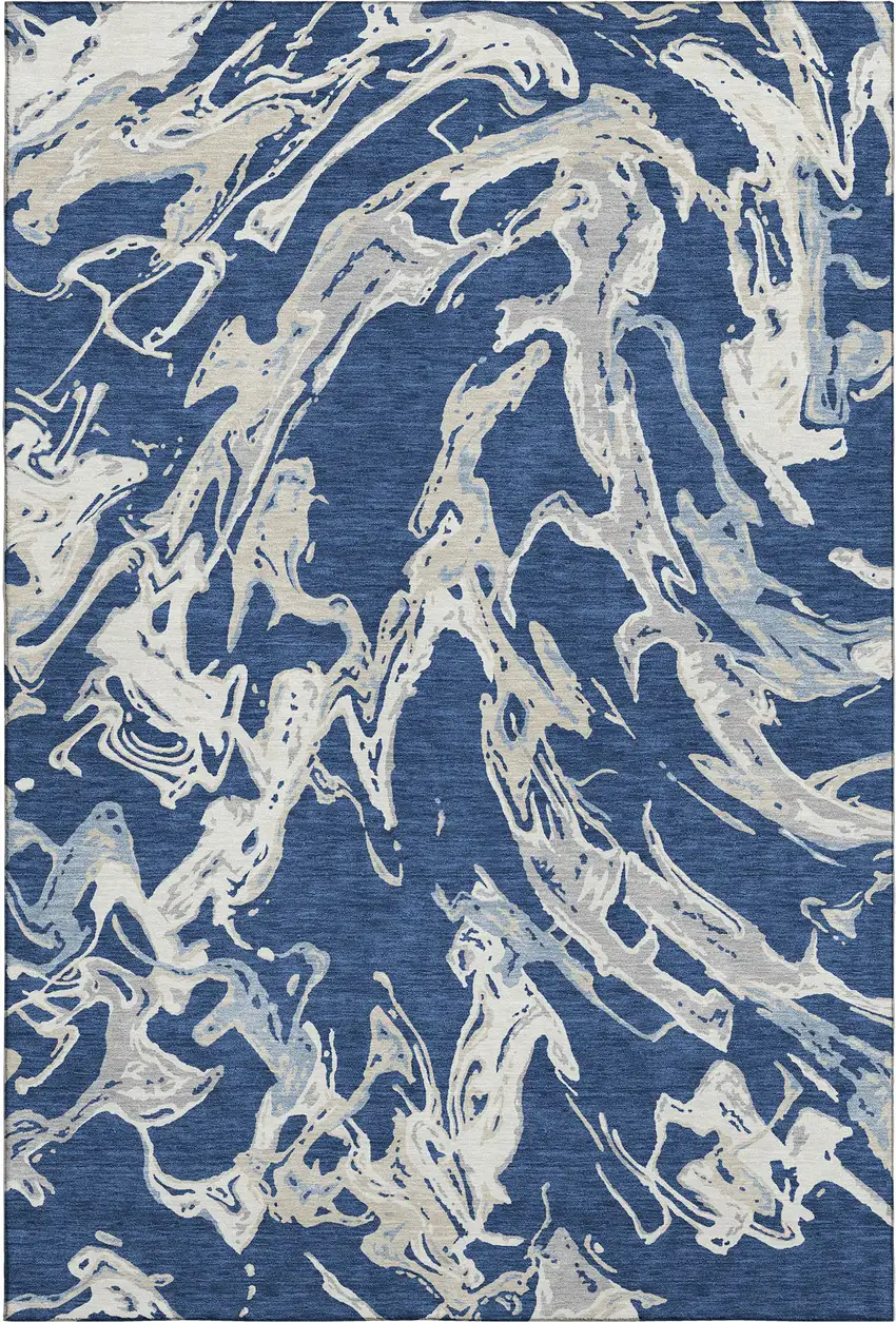 Navy Blue Ivory And Gray Abstract Washable Area Rug With UV Protection Photo 1