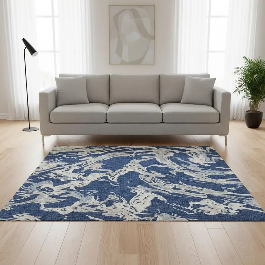 Navy Blue Ivory And Gray Abstract Washable Area Rug With UV Protection Photo 2