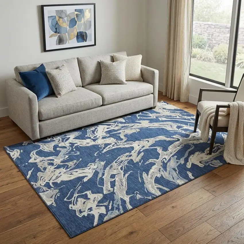 Navy Blue Ivory And Gray Abstract Washable Area Rug With UV Protection Photo 1