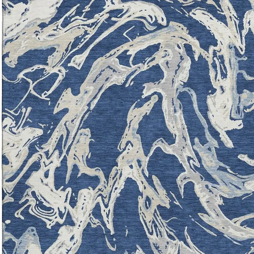 Navy Blue Ivory And Gray Abstract Washable Area Rug With UV Protection Photo 3