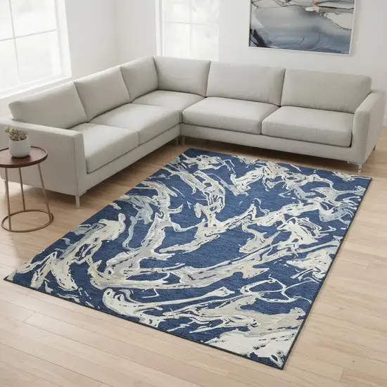 Navy Blue Ivory And Gray Abstract Washable Area Rug With UV Protection Photo 2