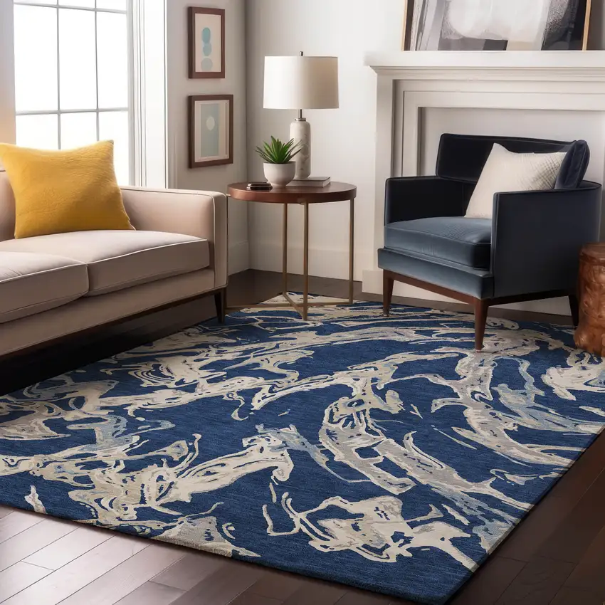 Navy Blue Ivory And Gray Abstract Washable Area Rug With UV Protection Photo 4