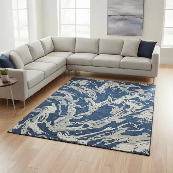 Navy Blue Ivory And Gray Abstract Washable Area Rug With UV Protection Photo 2