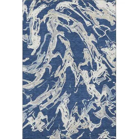 Navy Blue Ivory And Gray Abstract Washable Area Rug With UV Protection Photo 2